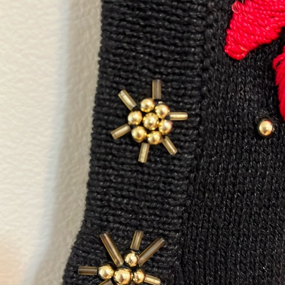 Arriviste cardigan knit vest small black ugly Christmas sweater poinsettias - Picture 6 of 10
